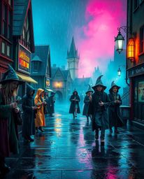 Immerse yourself in a wet, rainy scene at a magical school filled with young wizards. Experience the enchantment of electric,