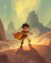 A dreamy, atmospheric illustration of a brave hero embarking on a Disney-style desert adventure.  Soft lighting, artistic lig