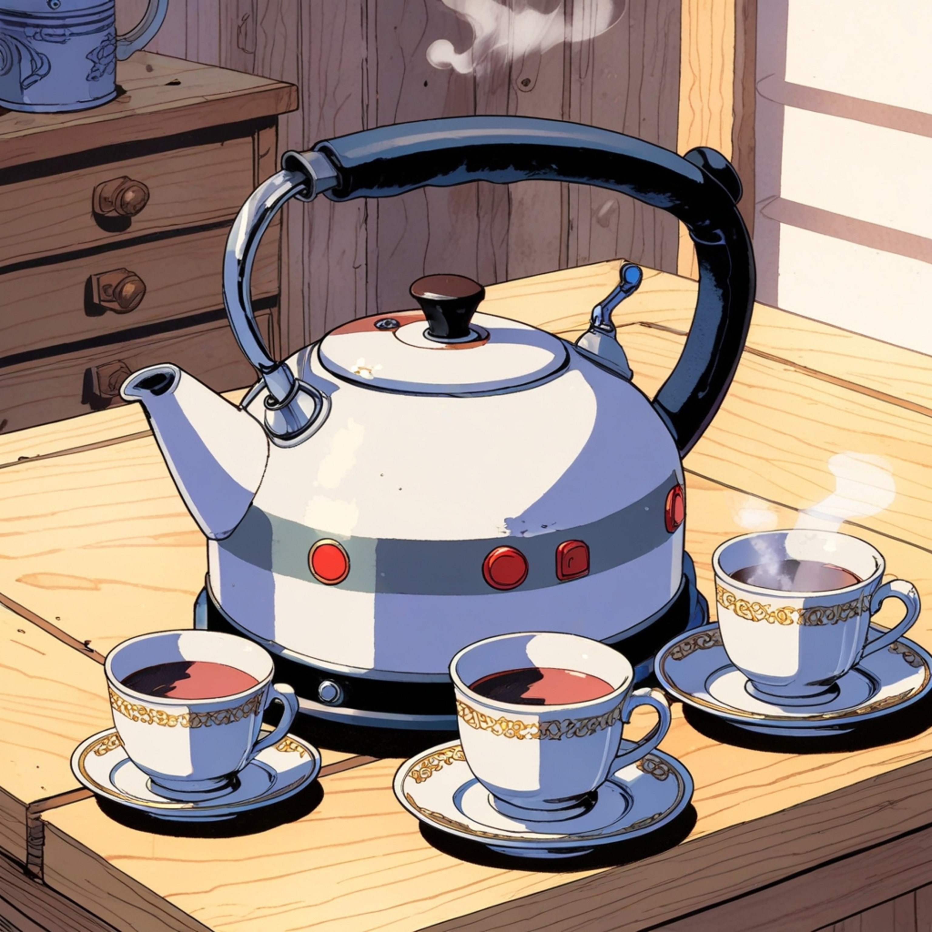 A captivating still life image featuring a silver tea kettle, its spout releasing delicate steam, gracefully positioned on a 