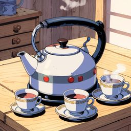 A captivating still life image featuring a silver tea kettle, its spout releasing delicate steam, gracefully positioned on a 