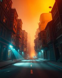 An intense and dramatic lighting scheme casts a captivating tension over a surreal street scene, where buildings seem to fold