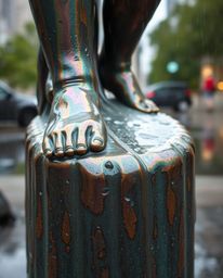 This captivating artwork features a cast bronze surface imbued with iridescent colors, reflecting a wet, rainy scene.  A stri