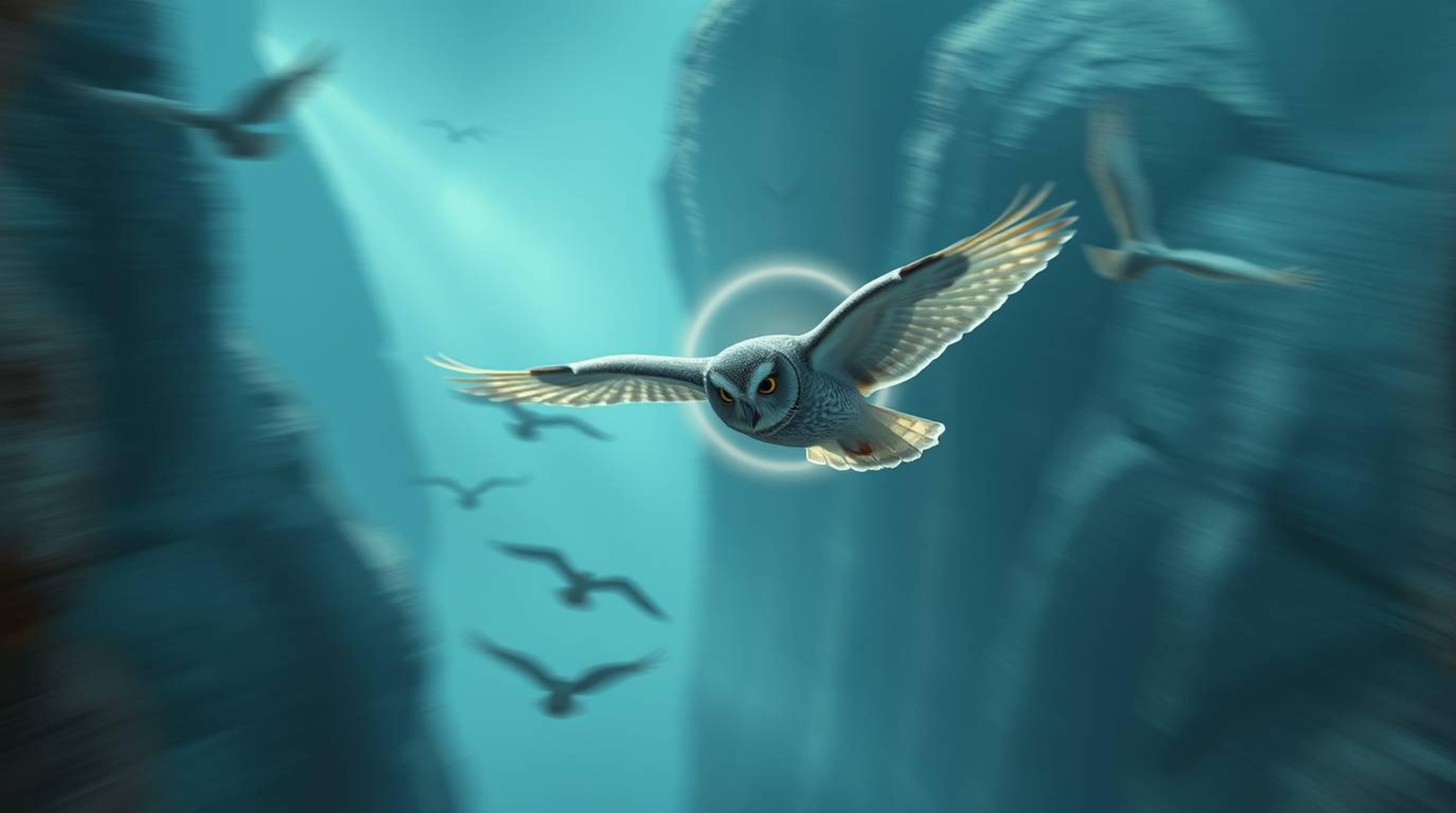 This is a cinematic and hazy photograph of a blind owl, rendered in the beloved style of Pixar, as it soars through a canyon 
