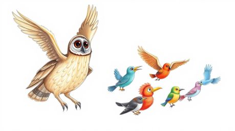 A heartwarming hand-drawn sketch in the style of Pixar depicts a gentle, brown blind owl leading a diverse classroom of vibra
