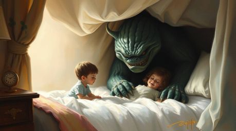 Explore a heartwarming scene in this classic oil painting featuring a monster under the bed befriending a child. The soft, dr