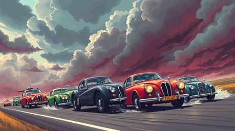 Experience the thrill of a wacky racing scene depicted in a sophisticated and elegant illustration. Outlandish cars compete a
