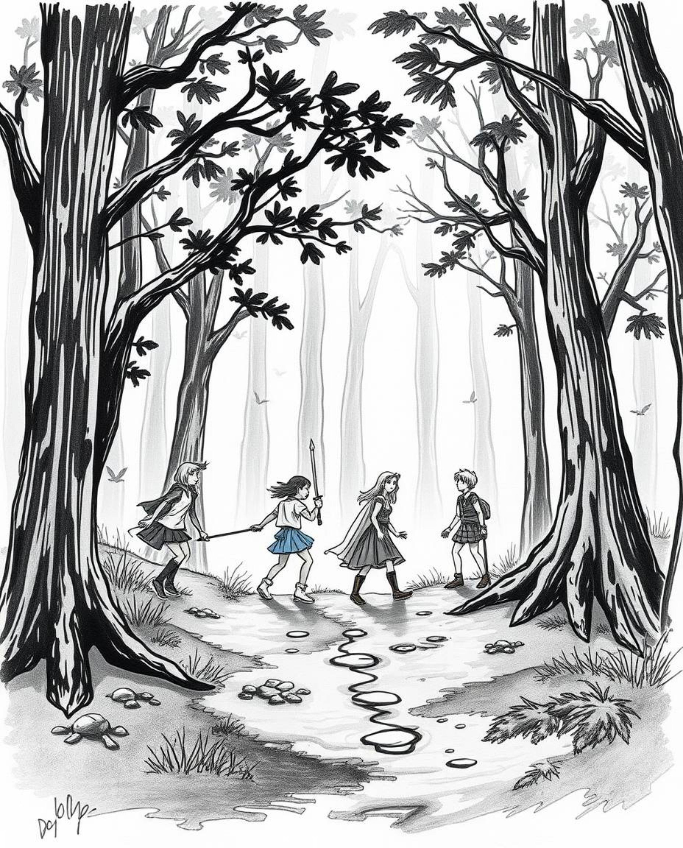 Explore a timeless forest scene brought to life in a classic black and white hand-drawn sketch. A group of friends, each poss