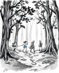 Explore a timeless forest scene brought to life in a classic black and white hand-drawn sketch. A group of friends, each poss