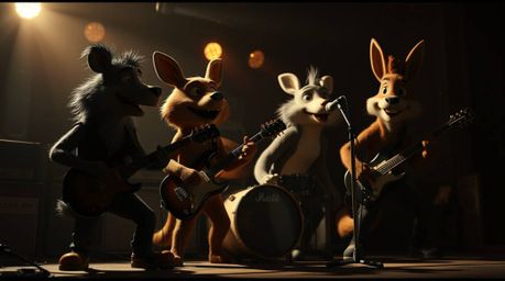 Experience a captivating cinematic portrayal of a cartoon animal rock band. Dramatic chiaroscuro lighting creates deep shado