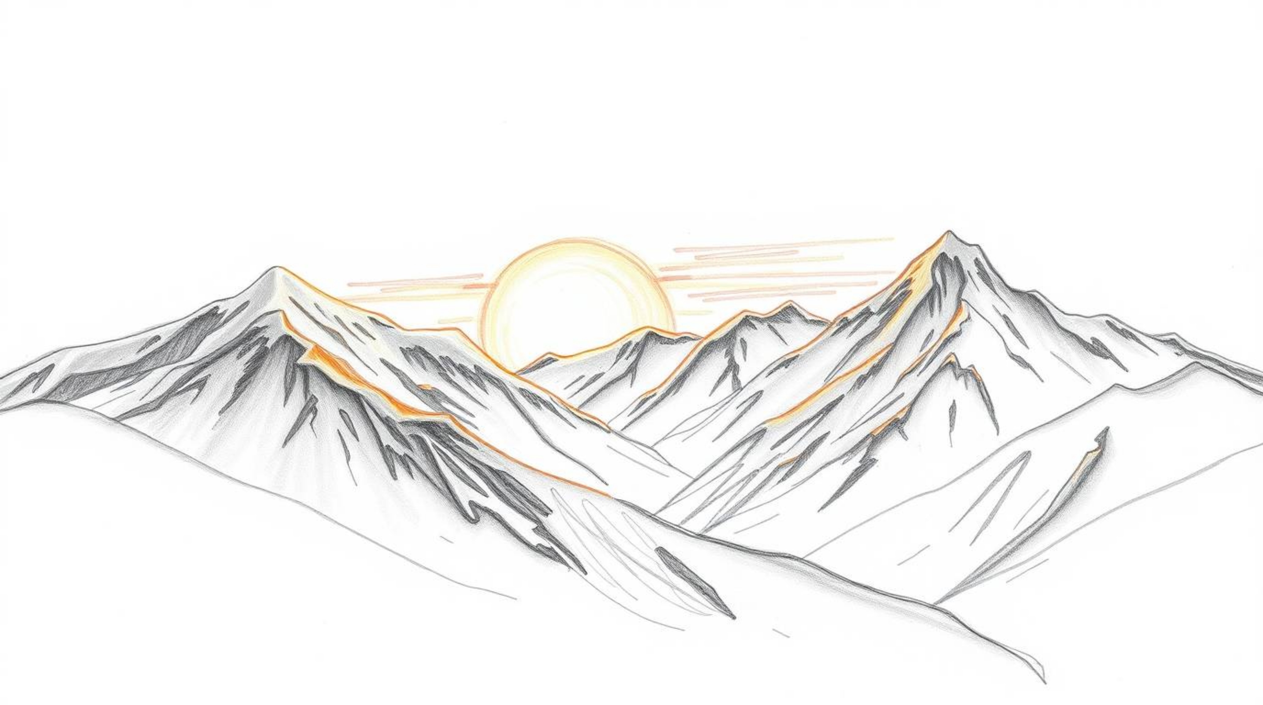 This hand-drawn sketch depicts snow-covered mountains bathed in the ethereal glow of a pastel sunset. The artwork features st