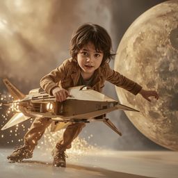 A whimsical and exquisite high fashion photograph capturing a young boy with messy brown hair and bright, curious eyes, deepl