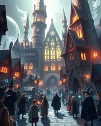 A breathtaking epic cinematic illustration showcasing a magical school teeming with young wizards. The scene boasts a massive