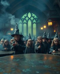 Immerse yourself in a cinematic hazy image of a magical school teeming with young wizards.  The scene features a captivating 