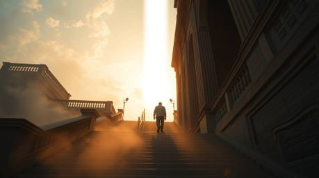 A cinematic photograph captures a lone figure ascending a stone staircase toward a divine beam of light, set against a backdr