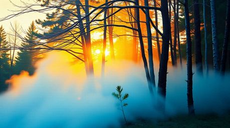 A captivating close-up acrylic painting depicting mist rising from a forest at golden hour.  The artwork emphasizes small det