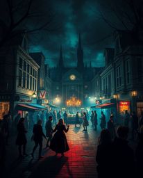 Experience a musical number set in a seemingly bright town square, yet rendered with a creative light art style that evokes a