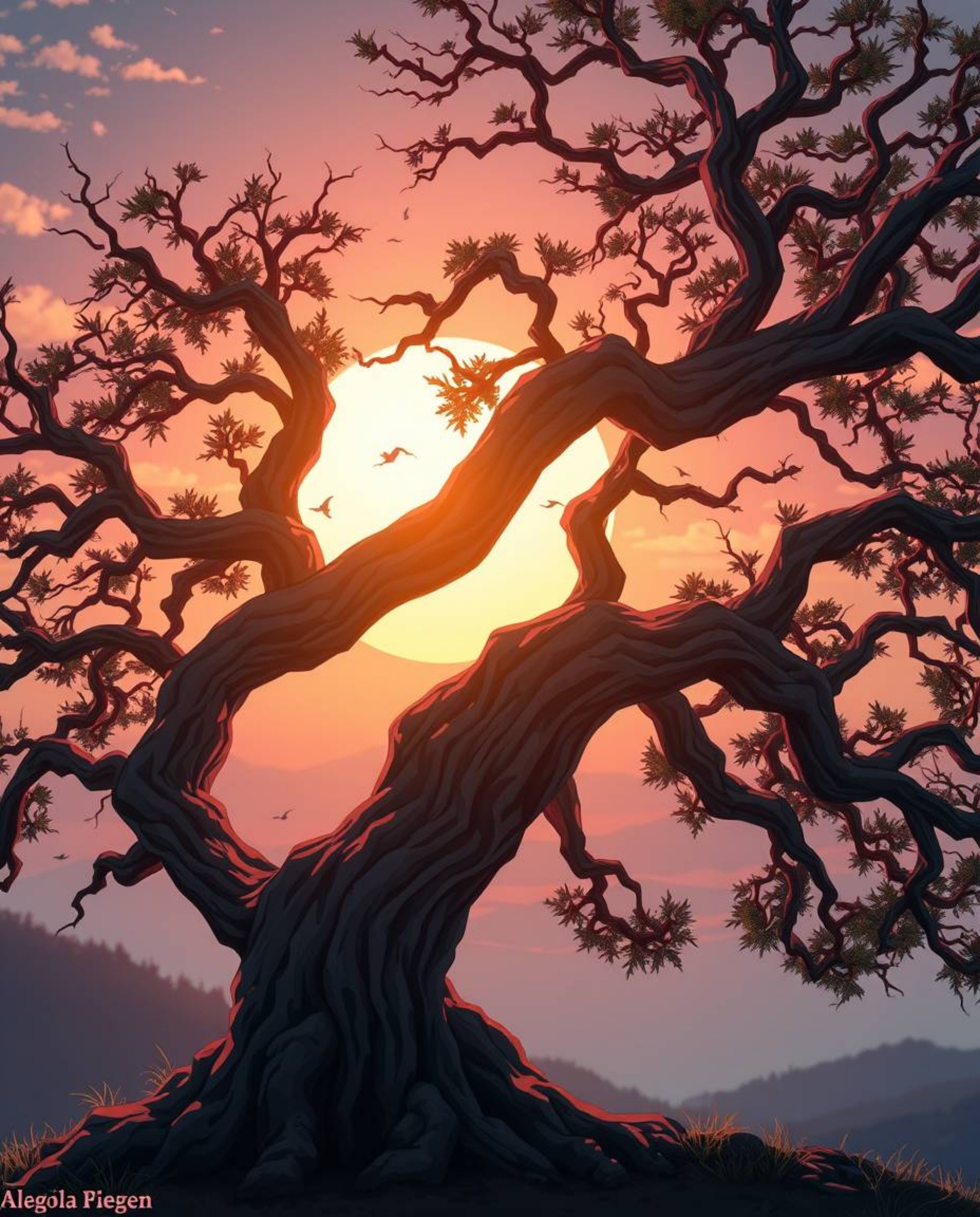 This Isekai anime style artwork depicts a graceful and elegant sunset behind an old oak tree with twisted branches. The piece