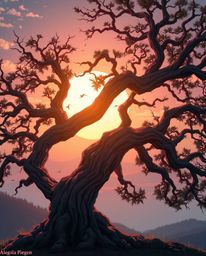 This Isekai anime style artwork depicts a graceful and elegant sunset behind an old oak tree with twisted branches. The piece