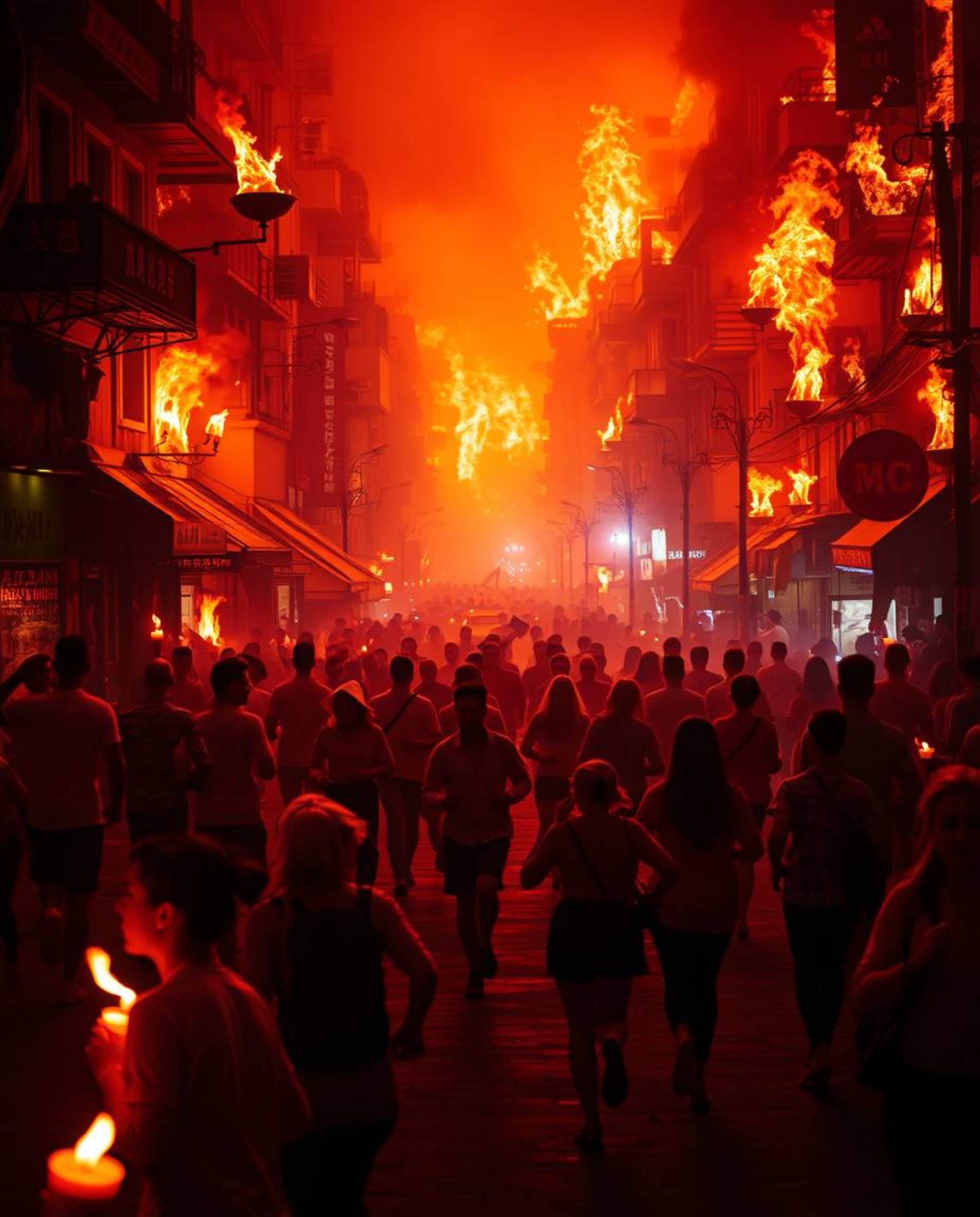 A scene of chaos and destruction unfolds as a city is engulfed in vibrant, electric flames. People run frantically, their fig