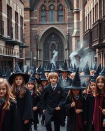 Discover a captivating series of candid street photography shots depicting a magical school filled with young wizards.  The i