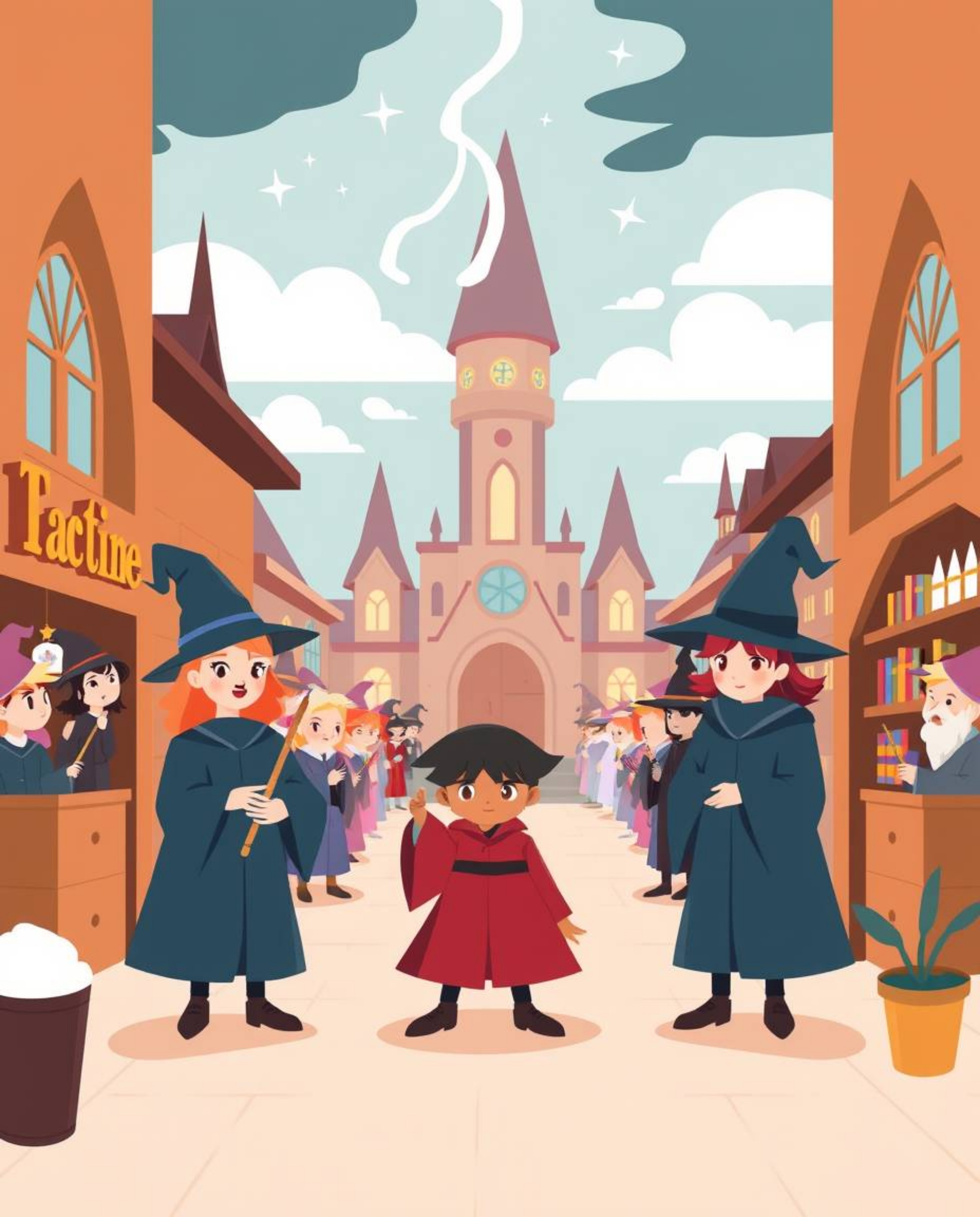 A captivating modern flat design illustration showcases a magical school brimming with young wizards.  The image features a s