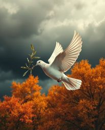 An image depicting a dove carrying an olive branch amidst a stormy sky, rendered in warm autumn colors and earthy tones, evok