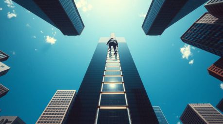 A captivating overhead shot depicts a businessperson ascending a transparent ladder that disappears into a vibrant blue sky a