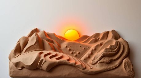 This sculptural clay artwork gracefully depicts a sunset over rice terraces in the mountains, showcasing modeled shapes, text
