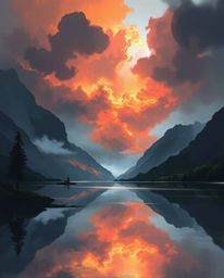 A misty and atmospheric digital sketch captures the reflections of fiery clouds in a mountain lake through loose, painterly s