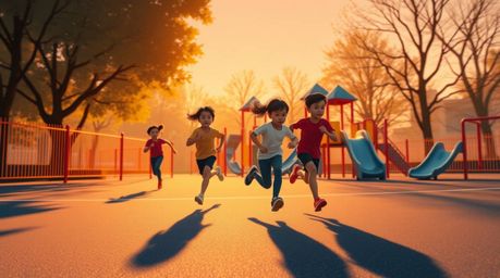 Experience a dramatic slow-motion run through a vibrant playground, rendered in a modern flat design style.  The scene featur