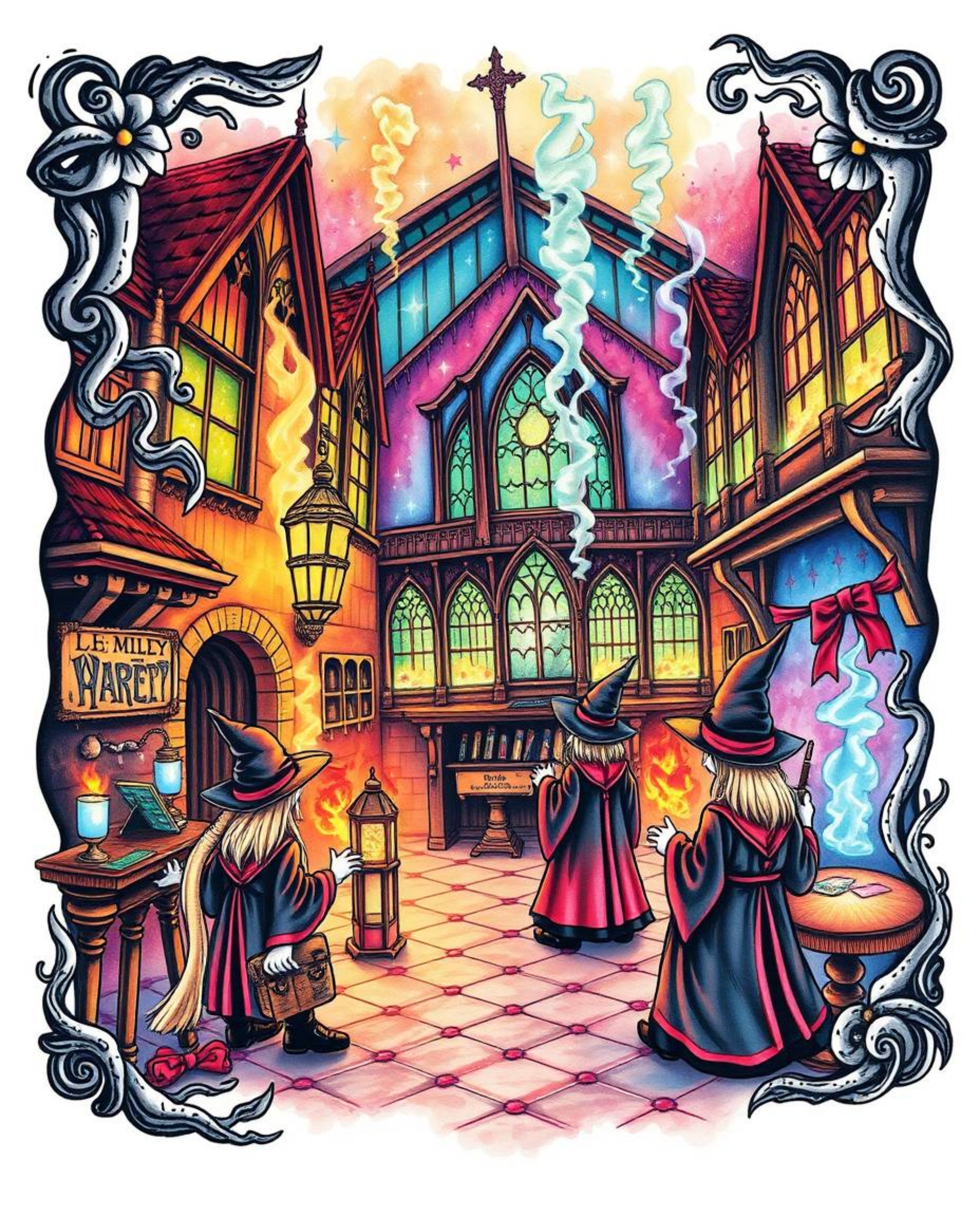 This traditional tattoo art print captures a magical school brimming with young wizards in a mystic and enchanting environmen