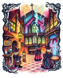 This traditional tattoo art print captures a magical school brimming with young wizards in a mystic and enchanting environmen