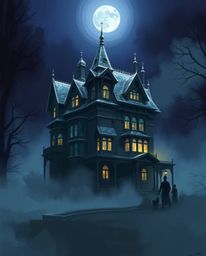 A captivating digital sketch depicts a fog-laden Victorian mansion bathed in the ethereal glow of moonlight. Rough, painterly