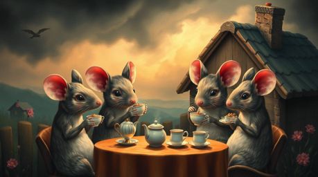 A dreamlike surreal painting depicts anthropomorphic mice enjoying tea in a cozy cottage.  The artwork features a captivating