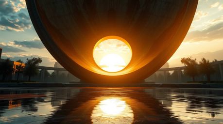 Experience a breathtaking digital matte painting where warm golden hour light graces a bronze surface, creating an epic and a