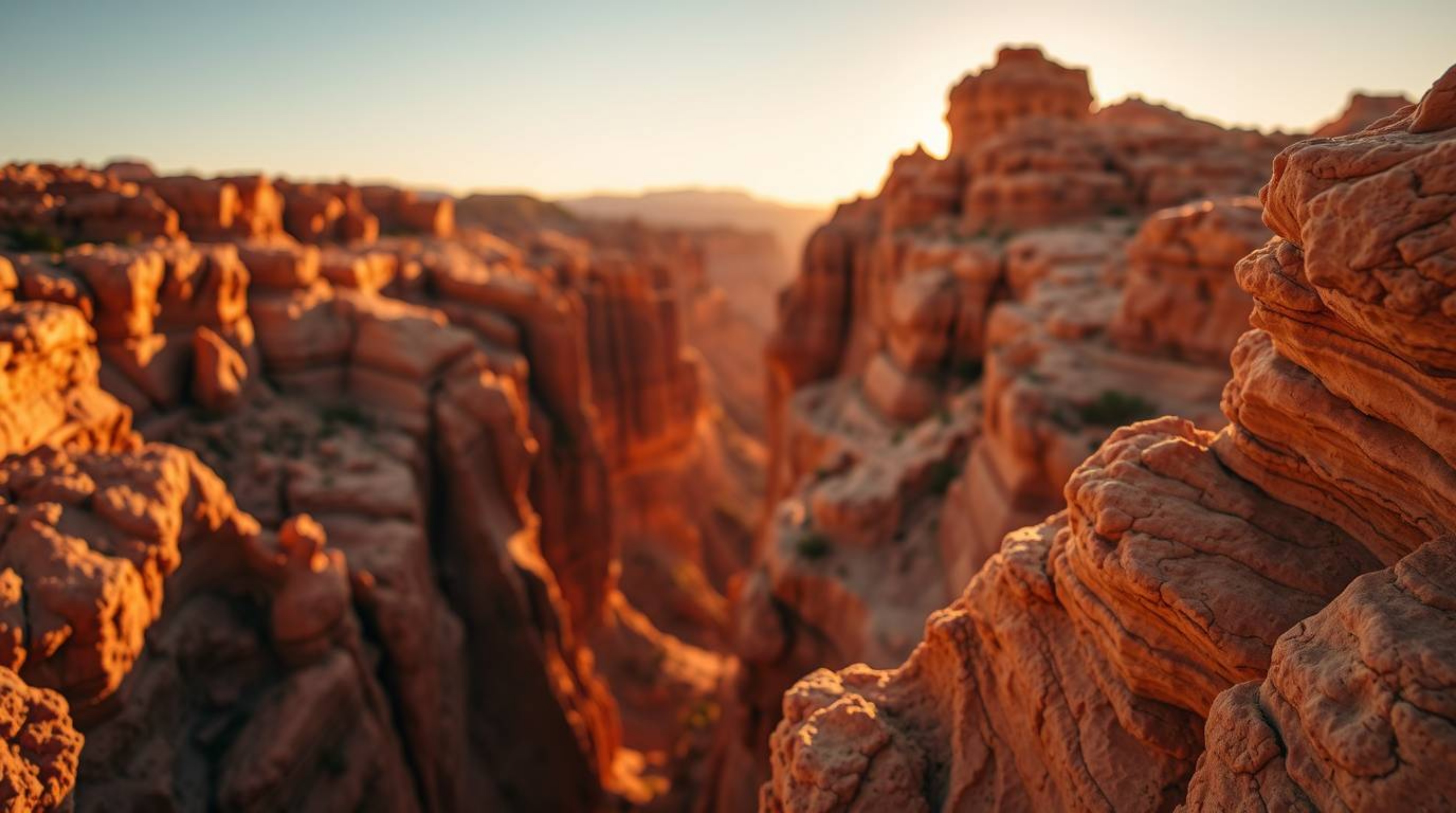 Experience the raw beauty of a rocky canyon illuminated by the golden glow of sunset. This close-up shot captures the intrica