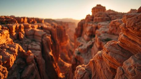 Experience the raw beauty of a rocky canyon illuminated by the golden glow of sunset. This close-up shot captures the intrica