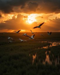 A high-angle perspective shot captures herons flying during the golden hour in wetlands under intense, dramatic weather. The 