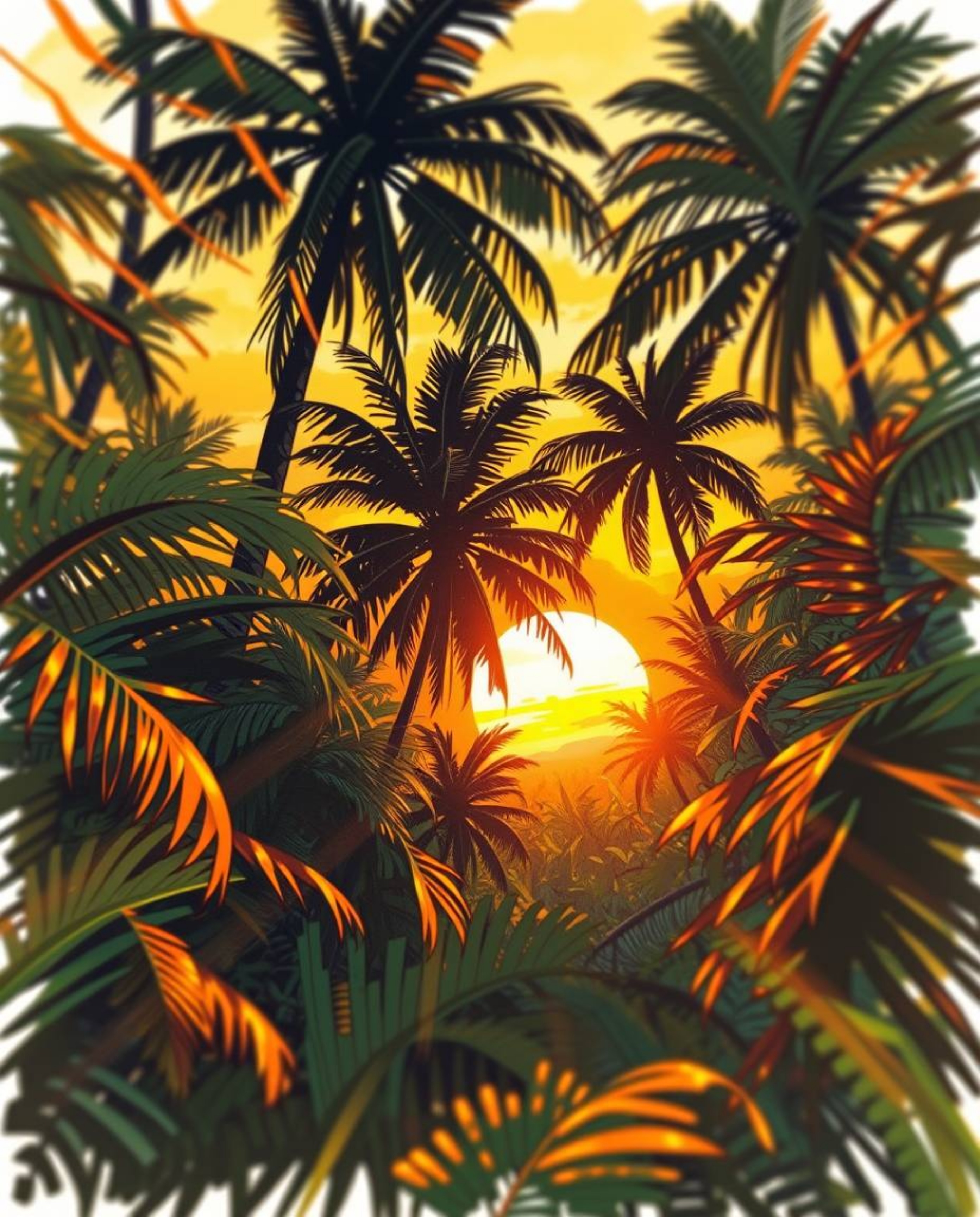 Experience the radiant and luxurious feeling of a sunset filtering through a dense jungle canopy with this dynamic, hand-draw