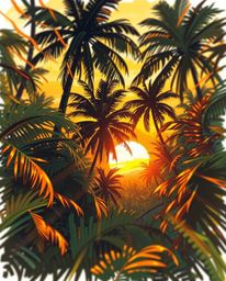Experience the radiant and luxurious feeling of a sunset filtering through a dense jungle canopy with this dynamic, hand-draw