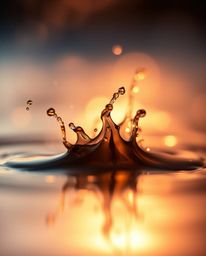 A captivating macro photograph showcasing a vibrant ink splash in water, bathed in the warm, soft light of the golden hour.  