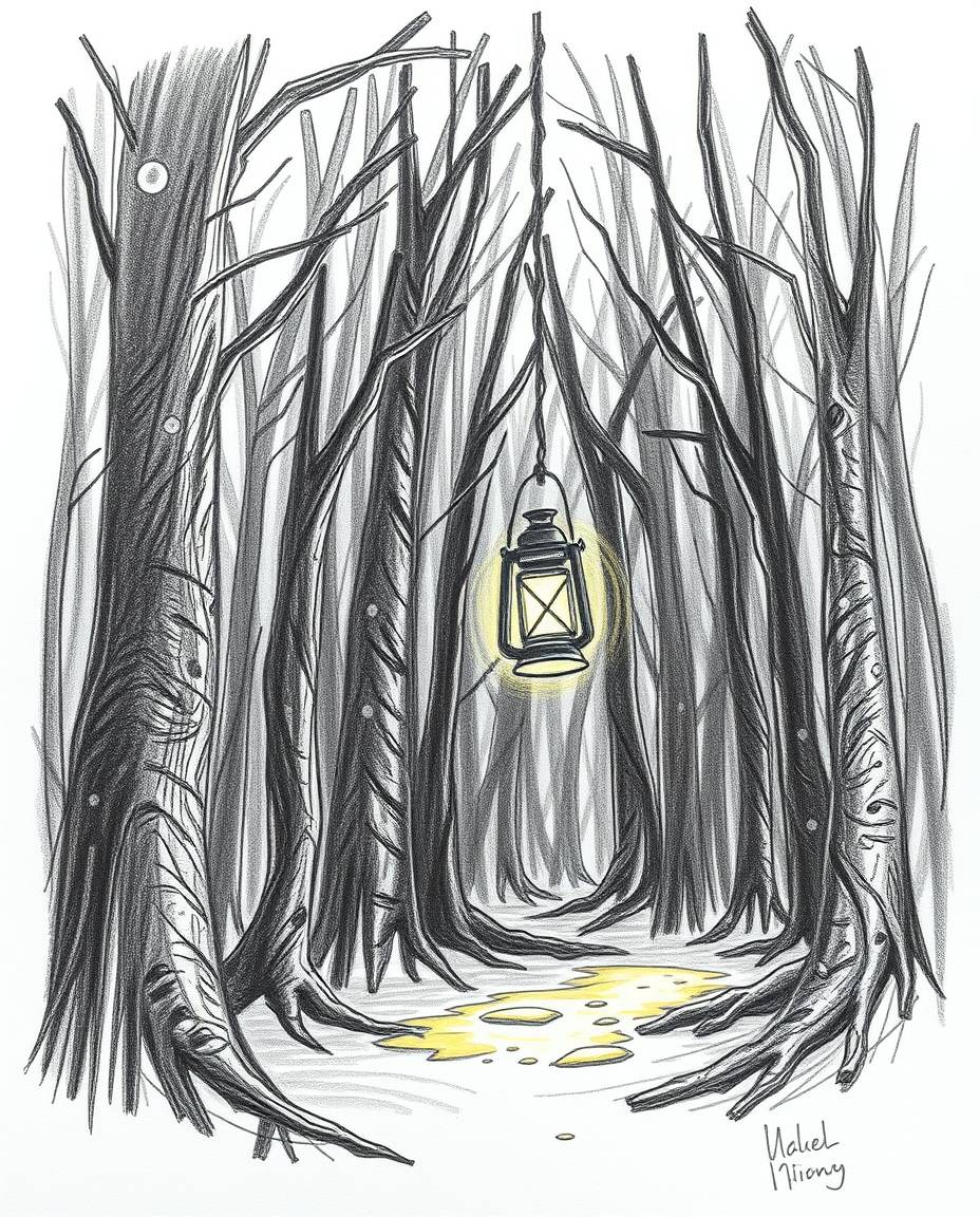 A dramatic, hand-drawn sketch depicting a glowing lantern in a dark forest.  The image utilizes rough pencil strokes, a white
