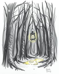 A dramatic, hand-drawn sketch depicting a glowing lantern in a dark forest.  The image utilizes rough pencil strokes, a white