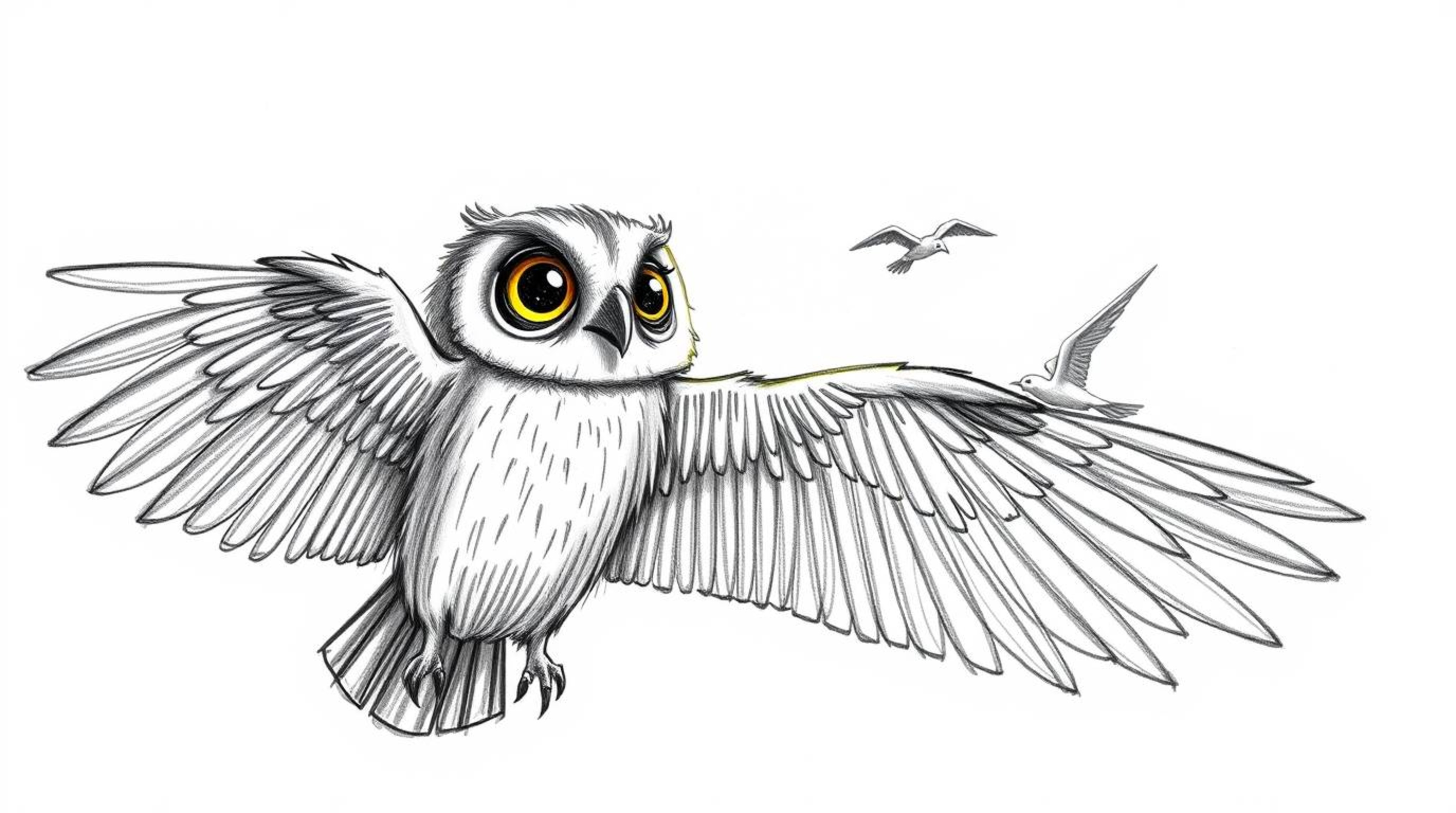 A whimsical hand-drawn sketch depicts a blind owl, rendered in a Pixar-inspired style, patiently teaching birds how to fly. T
