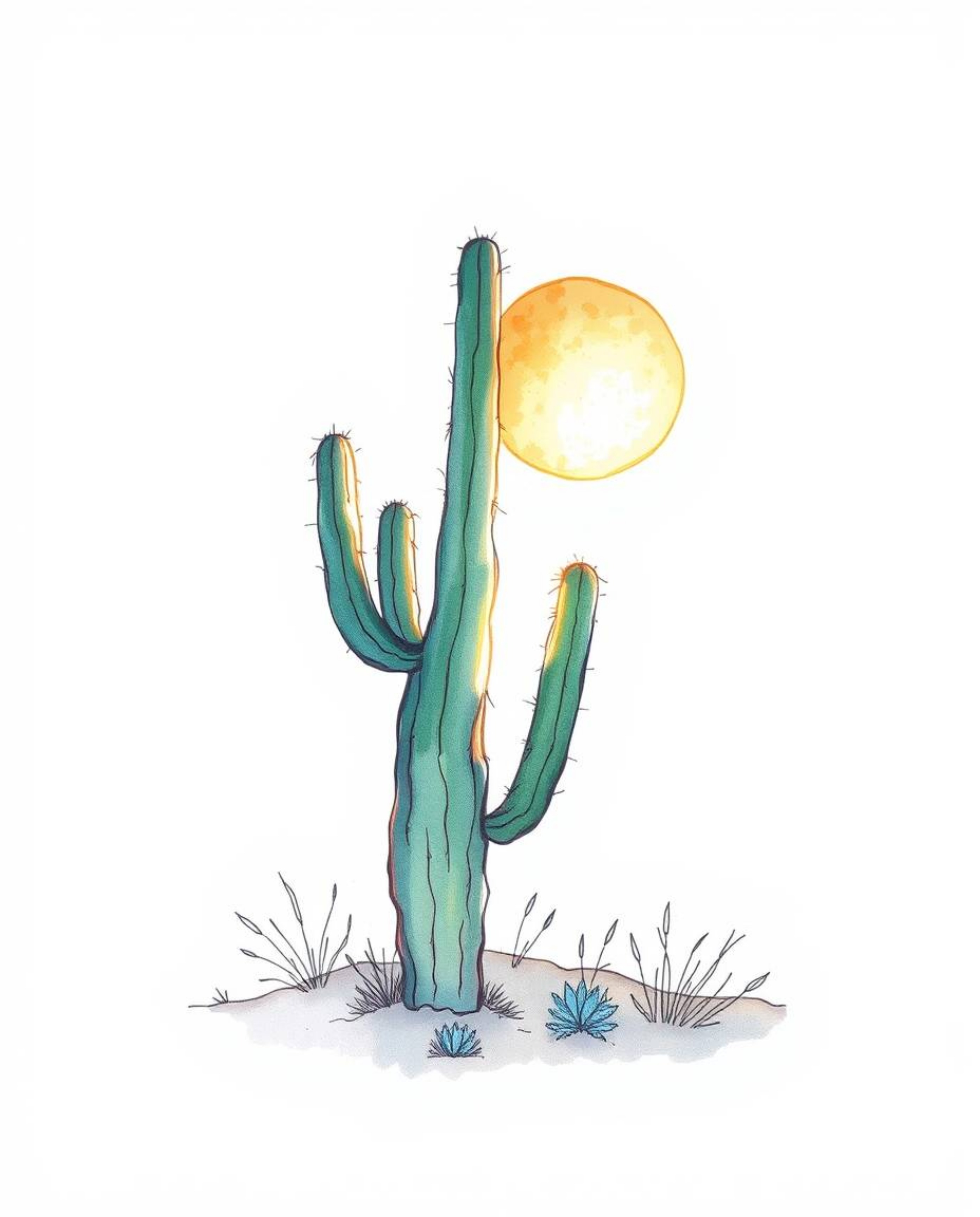 This hand-drawn sketch, created in a color sketchnote style, captures a desert cactus with an ethereal, spiritual vibe. Glowi