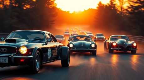 Experience a sophisticated and elegant depiction of a wacky racing scene, featuring outlandish cars bathed in the warm golden