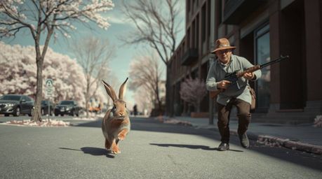 This series captures surreal, infrared street photography depicting a wacky rabbit in a slapstick chase scene, outrunning a h