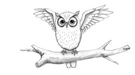 A hand-drawn sketch depicting a blind owl, rendered in the style of Pixar with soft, expressive features, is shown teaching b