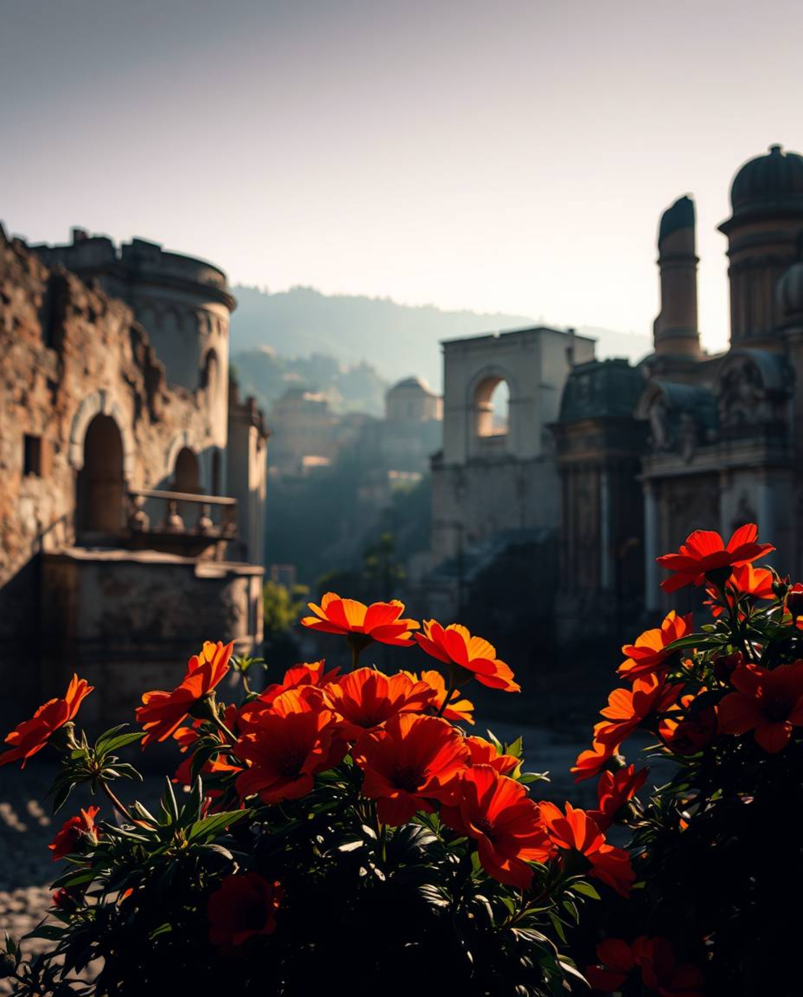 Stunning imagery of vibrant flowers blooming amidst the ruins of a post-apocalyptic city.  Contrasting chiaroscuro lighting c