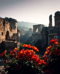 Stunning imagery of vibrant flowers blooming amidst the ruins of a post-apocalyptic city.  Contrasting chiaroscuro lighting c